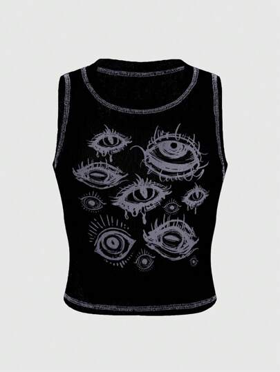 Goth Casual Street Punk Eye Print Color Block V-Neck Women Tank Top, Versatile