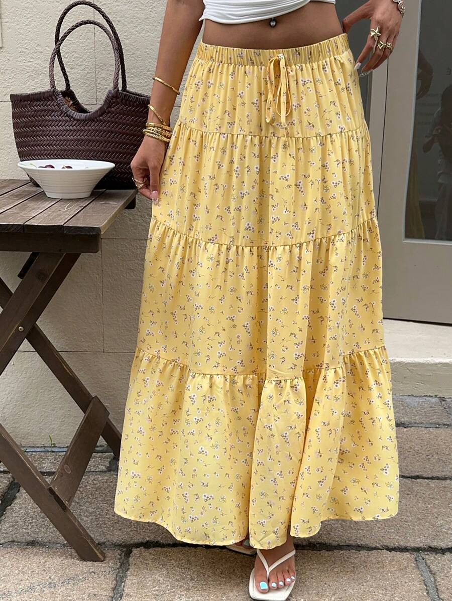 SHEIN EZwear Airport Butter Yellow Woven Ditsy Floral Elastic Waist Drawstring Beach Boho Skirt For Women Yellow Maxi Skirt Summer Maxi Skirt Floral Maxi Skirt