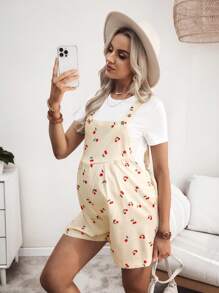 SHEIN Maternity 2-Piece Set: White Round Neck Short Sleeve T-Shirt & Cherry Print Suspender Pants - Yellow - View 8
