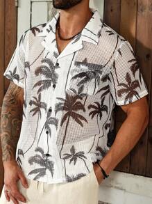 Manfinity Homme 加大码男士镂空面料热带棕榈树印花短袖衬衫男士棕榈树衬衫男士度假衬衫男士夏威夷衬衫衬衫男士 - 白色 - 查看 1
