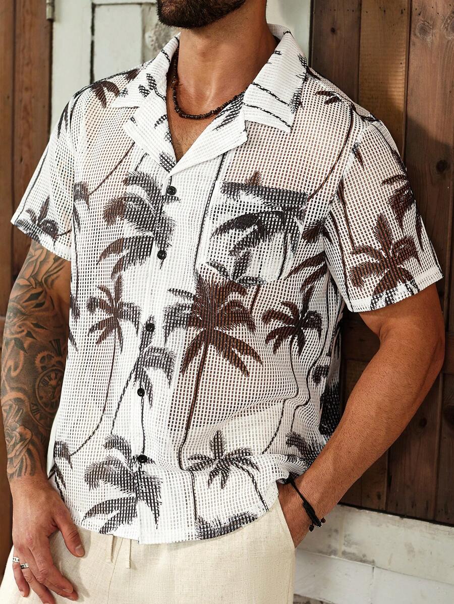 Manfinity Homme 加大码男士镂空面料热带棕榈树印花短袖衬衫男士棕榈树衬衫男士度假衬衫男士夏威夷衬衫衬衫男士 - 白色 - 查看 1