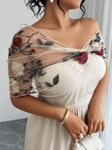 Elenzga Váy lưới thêu hoa thanh lịch cỡ lớn mùa hè - Đen và trắng - Xem 1