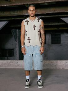 PAVTROS Manfinity Streetrush Men's Printed Retro Style Sleeveless Knit Vest Back To School - Apricot - View 3