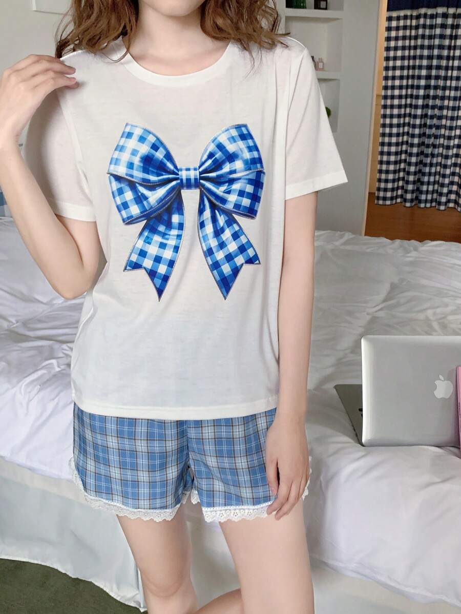 2pcs Teen Girls Cartoon Bowknot Print Plaid Short Sleeve Top & Shorts Colorblock Ruffle Trim Comfortable Casual Summer Pajamas Set - Blue and White - View 1