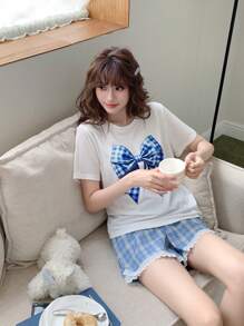 2pcs Teen Girls Cartoon Bowknot Print Plaid Short Sleeve Top & Shorts Colorblock Ruffle Trim Comfortable Casual Summer Pajamas Set - Blue and White - View 6