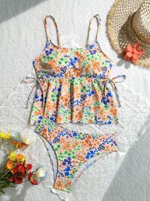 SHEIN Swim 女士高弹力甜美碎花印花度假泳池派对抹胸比基尼套装