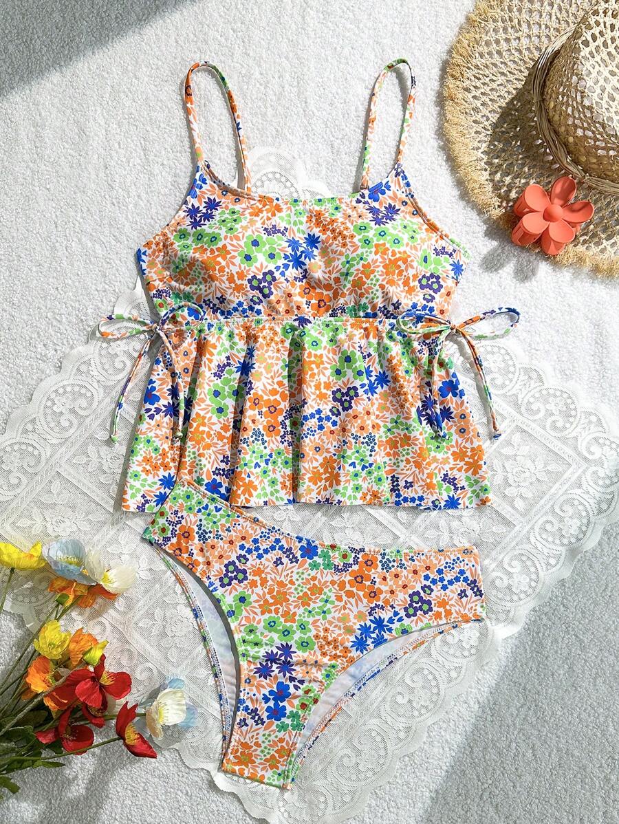 SHEIN Swim 女士高弹力甜美碎花印花度假泳池派对抹胸比基尼套装