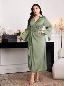 Modelyn Đầm thanh lịch cổ loe tay lỡ họa tiết hoa kim loại cỡ lớn cho nữ - màu xanh lá - Xem 7