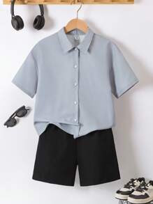 2 pièces Ensemble chemise décontractée et short avec motif lettres pour garçons, tenue confortable pour le quotidien, les sports, les sorties - Multicolore - Voir 2