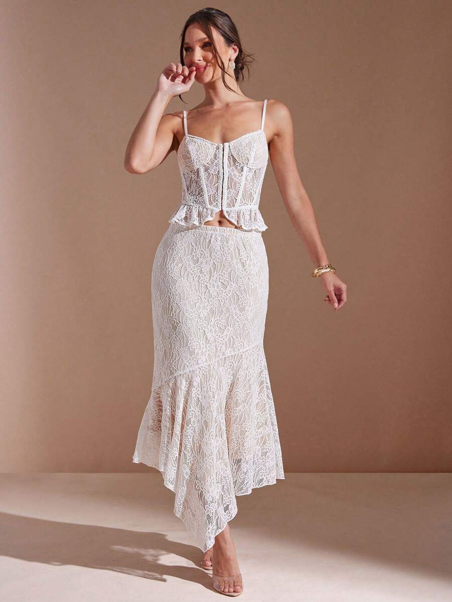 L'Amorae Falda de sirena de cintura elástica con borde de encaje floral, elegante - Blanco - Ver 1