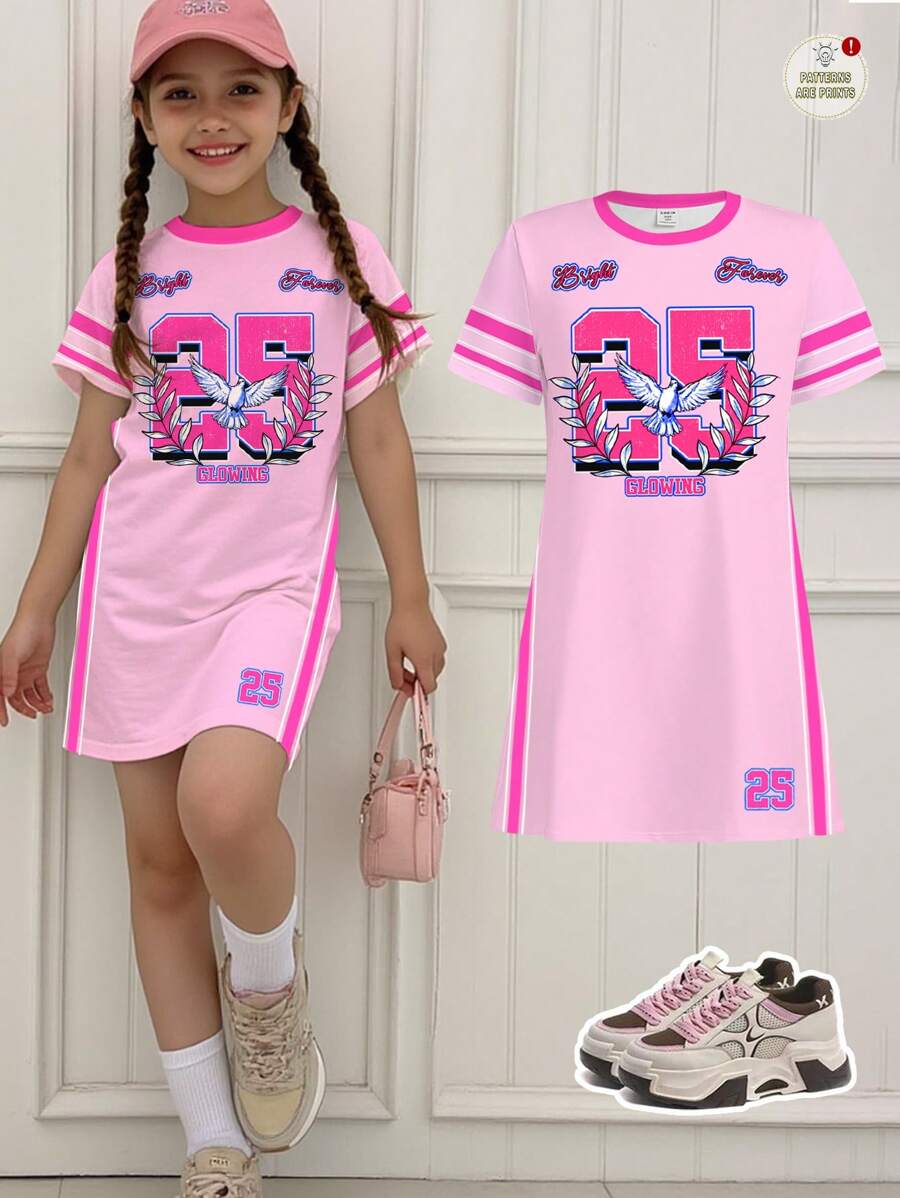 SHEIN Leap Crew 青少年女孩休闲简约图案 25 款图案,运动时尚风格,粉色短袖中长连衣裙,适合夏季凉爽穿着系列 - 彩色 - 查看 1