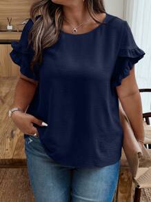 Weeklong Camisa de verano de talla grande con manga de pétalo y cuello redondo en unicolor