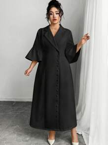 Modelyn Vestido elegante de talla grande para mujer de verano, de unicolor, con cuello de solapa, abotonadura única y mangas acampanadas - Negro - Ver 6