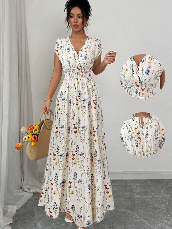 SHEIN LUNE Robe maxi cintrée sans manches à encolure en V avec fleurs pittoresques pour femmes