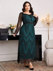 Modelyn 大码优雅束腰A字形黑色蕾丝长袖连衣裙 - 墨綠色 - 查看 3