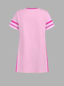 SHEIN Leap Crew 青少年女孩休闲简约图案 25 款图案，运动时尚风格，粉色短袖中长连衣裙，适合夏季凉爽穿着系列 - 彩色 - 查看 3