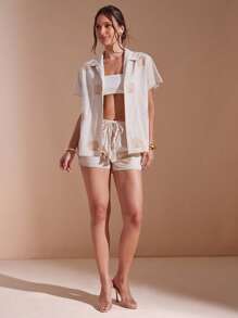 L'Amorae 刺绣贝壳扇贝波浪下摆翻领纽扣夏季上衣，沙滩罩衫，夏季，早午餐，度假 - 杏色 - 查看 3