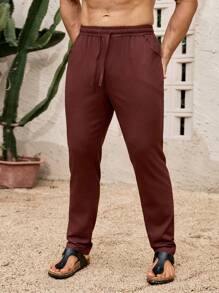 Genlund Celana Linen Pria Polos Kasual Slim Fit Celana Linen Pria Celana Jogger Pria - merah tua - View 4