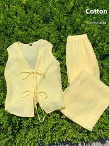 Comfortcana 女士夏季系带吊带背心和裤子套装 - 黃色 - 查看 3