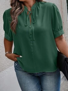 Weeklong Camisa informal de manga corta con cuello anudado de unicolor en talla grande