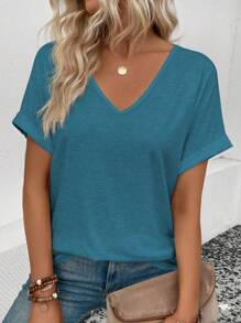 SHEIN LUNE 夏季休闲纯色蝙蝠袖T恤 - 水鴨藍 - 查看 1