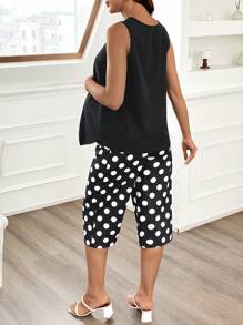 SHEIN 2pcs/Set Maternity Casual Solid Color Asymmetrical Hem Tank Top & Polka Dot Print Pants, Summer - Black and White - View 2