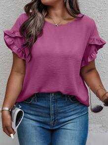 Weeklong Plus Size Round Neck Ruffle Trim Flare Sleeve Blouse BASICS - Red Violet - View 4