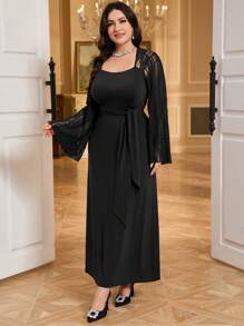 Modelyn Plus Size Elegant Solid Color Lace Splicing Flare Sleeve Dress - Black - View 3