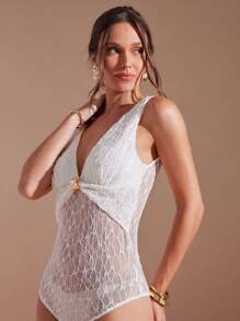 L'Amorae Women's Elegant Sleeveless Lace Low Neck Lace Bodysuits With Gold Detail, Summer Outfits For Women, Vacation Outfits For Women, Birthday Outfits - White - View 2
