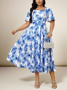 Modelyn Vestido de moda de manga corta y cuello cuadrado, adecuado para el verano, talla grande - Azul - Ver 6