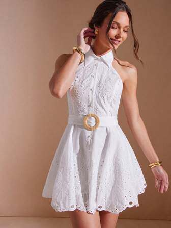 L'Amorae Elegant Summer Embroidered Scallop Eyelet Collar Button Down Belted Mini Summer White Sundress, Summer Outfits For Women, Brunch Outfits For Women, Vacation Outfits Woman