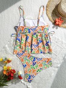 SHEIN Swim 女士高弹力甜美碎花印花度假泳池派对抹胸比基尼套装