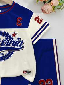 SHEIN Set de 2 piezas de estilo deportivo casual para niñas, con estampado gráfico de nombre de ciudad clásico, número 24 impreso, camiseta de manga corta de cuello redondo y pantalones cortos, adecuado para el verano