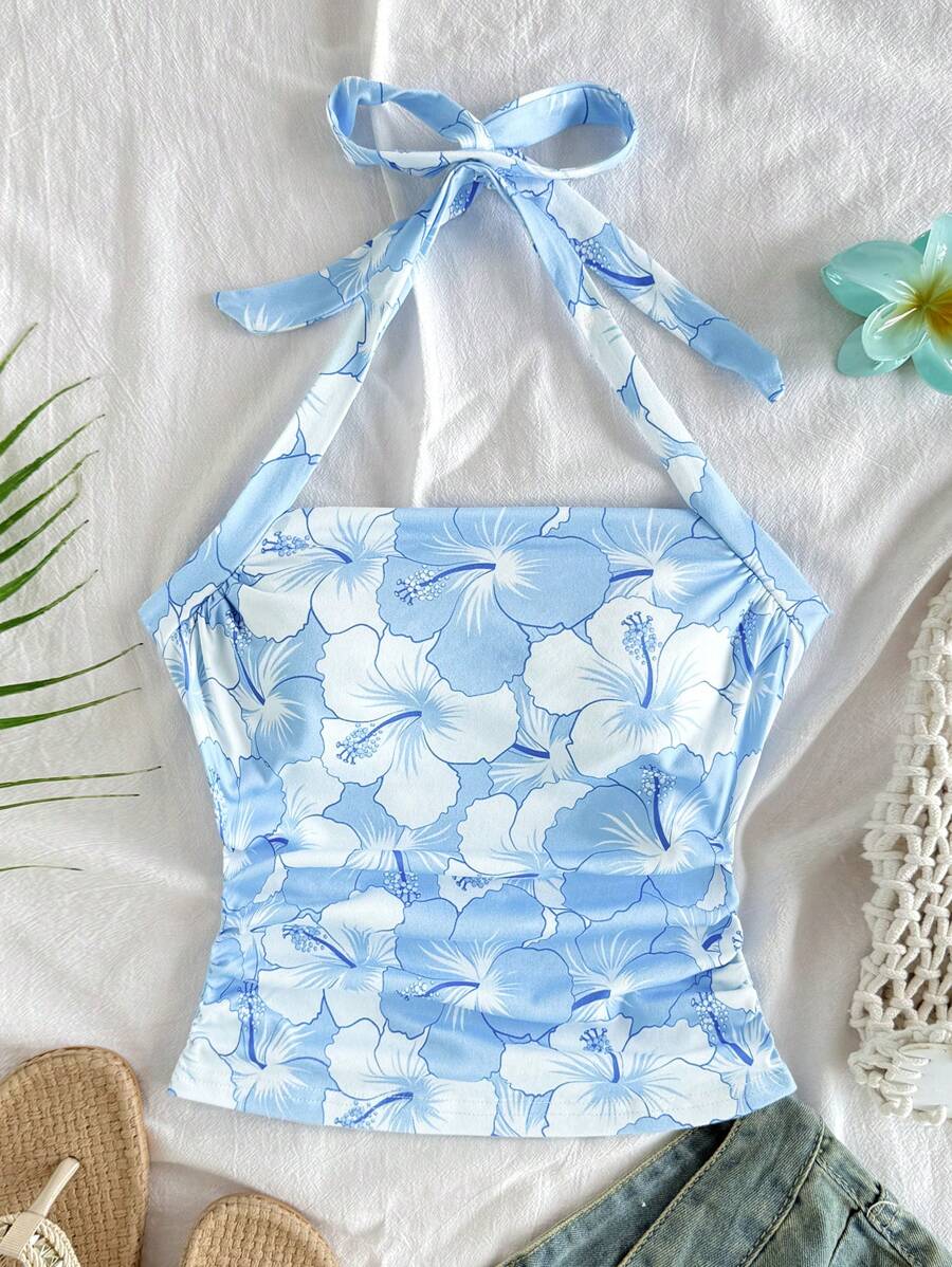 SHEIN 少女芙蓉印花露背收腰时尚吊带背心，适合春夏季度假、派对、下午茶、海滩、游轮 - 藍色 - 查看 1