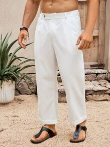 Manfinity RSRT 男士休闲纯色拉链宽松阔腿裤，夏季 - 白色 - 查看 3