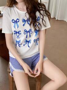 2 件青少年女孩甜美可爱优雅休闲蓝色蝴蝶结装饰圆领短袖上衣和蓝色格子短裤舒适睡衣套装 - 彩色 - 查看 5