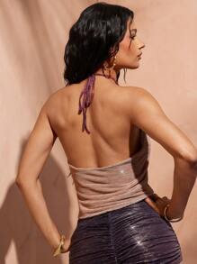 Hauture 印花闪光网眼吊带上衣，带金属配件细节 - 藕粉色 - 查看 6