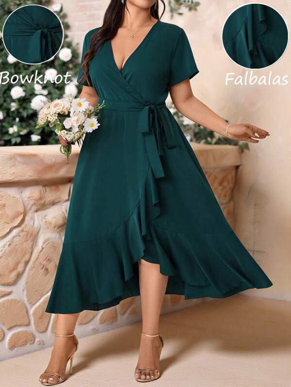Cravure Plus Size Women's V-Neck Short Sleeve Patchwork Ruffle Hem Casual Fashion Midi Dress, Wedding