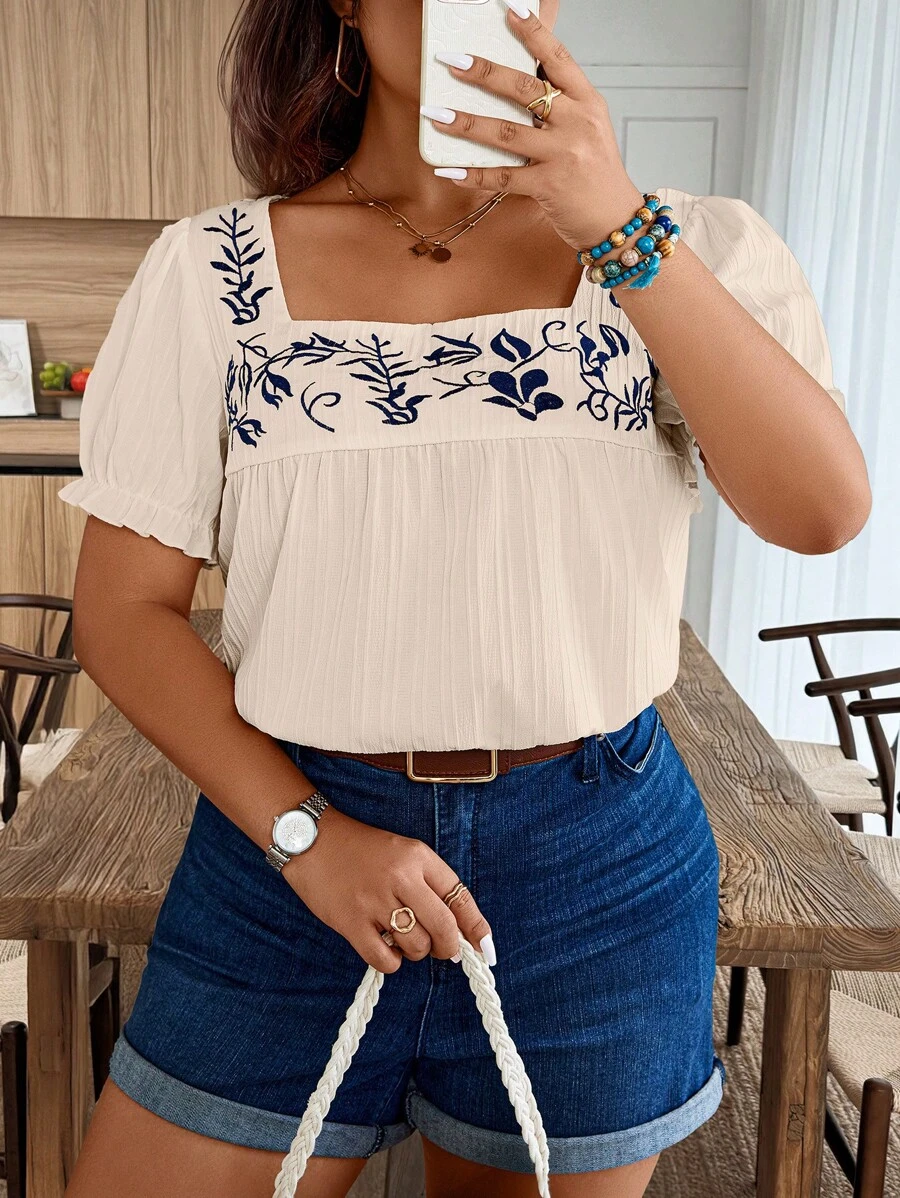 Weeklong Plus Size Boho Retro Pattern Square Neck Texture Fabric Short Sleeve Shirt, Summer