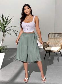 SHEIN LUNE Plus Size Casual Pants With Front Short Back Long 3/4 Length