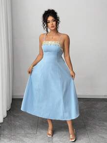 Elenzga 大码女士夏季度假优雅连衣裙 - 藍色 - 查看 5