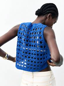 Maija 2026 Spring & Summer Outfits Solid Color Round Neck Side Slit Short Hollow See-Through Knitted Klein Blue Blouse, Vacation Style Women Clothes, For Outdoor Wear Sheer Top,Beach Outfit For Women,Vacation Outfits Women - Royal Blue - View 2