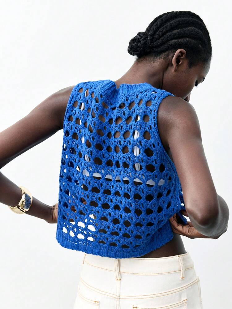 SHEIN Maija 2026 Primavera y Verano Blusa de punto de unicolor con cuello redondo, abertura lateral, corta y transparente en color azul Klein, estilo de vacaciones, para uso al aire libre, blusa transparente, playa, vacaciones