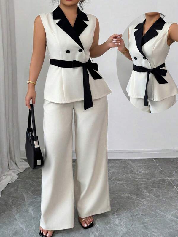 Elenzga Blazer delgado de mujer de doble botonadura con cuello de corbata, cintura ceñida, color contrastante y mezcla de lino, estilo versátil y elegante para uso diario, talla grande