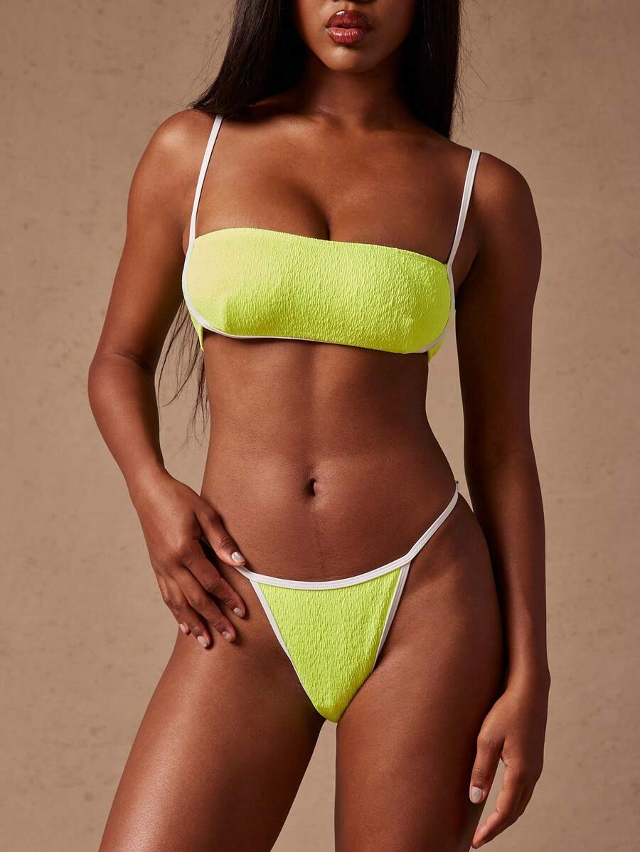 SHEIN Unity Women's Contrast Trim Triangle Bikini Bottom For Summer Beach Vacation - Green - View 1