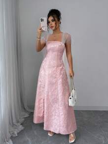 Elenzga Summer Vacation Bohemian Jacquard Mesh A-Line Midi Dress - Pink - View 5