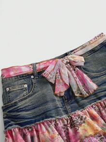 ROMWE Avant Váy ngắn denim họa tiết da báo và hoa cổ điển Y2K dành cho nữ - Bao gồm khăn quàng cổ và thắt lưng - Màu xanh lam - Xem 4