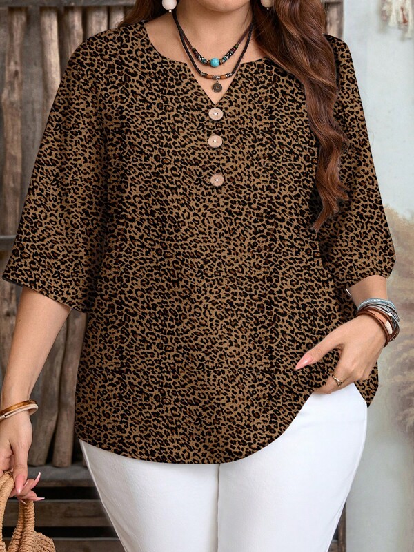 EMERY ROSE Plus Size Women's Leopard Floral Print Front Button Down Short Sleeve Casual Shirt, Women's Summer Shirt, Women's Shirt, Country Resort Style, Women's Bohemian Shirt, Women's Country Casual Resort Wear