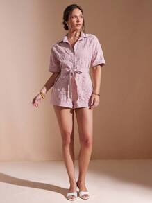 L'Amorae Salopette estiva con colletto, bottoni, cintura e ricamo floreale rosa/bianco, adatta per le vacanze estive, abbigliamento estivo da donna, abbigliamento per brunch e vacanze
