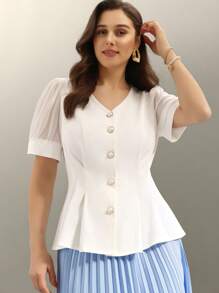 Flouryn Elegant & Comfortable Plus Size Women's Solid Color Blouse Summer Women Clothes  Curve Plus   Vacation Women Clothes   Shein Curve  White Top - White - View 5